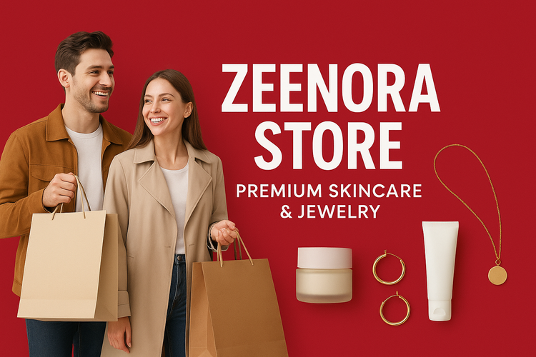 Couple with shopping bags at the Zeenora Store, featuring skincare and jewelry products on a red background.